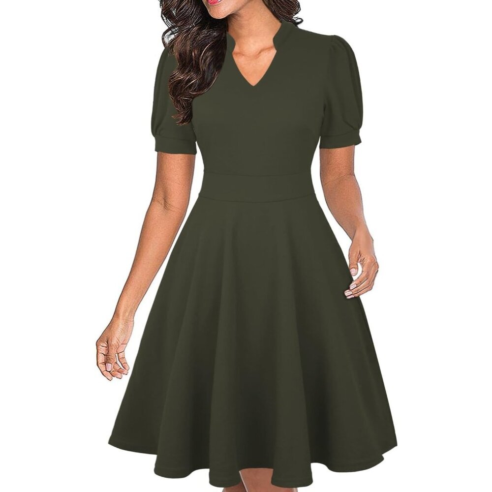 Womens Army Green Short Puff Sleeve Semi-Formal Summer Dress With Pockets